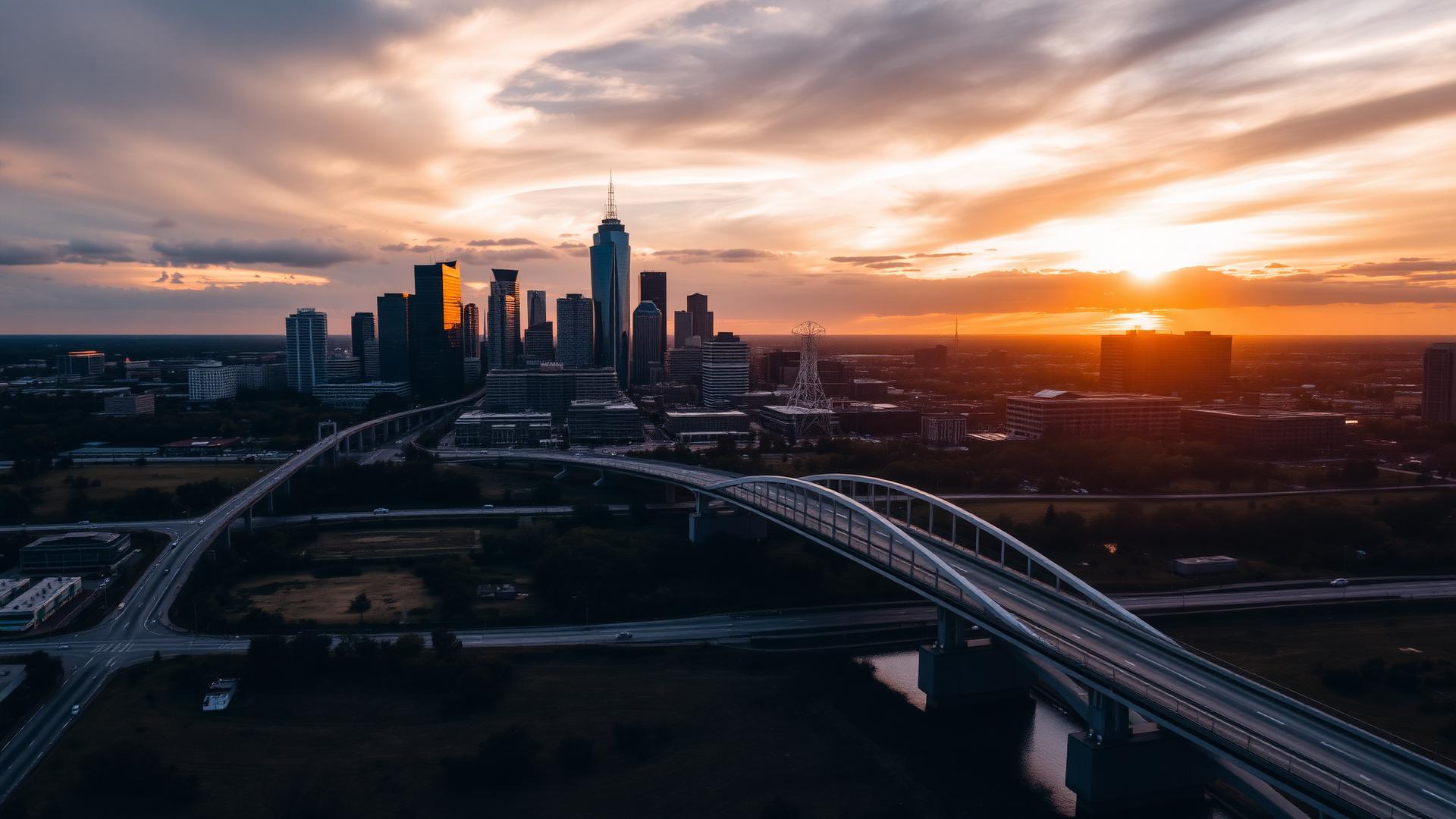 Dallas skyline at golden hour with the Margaret Hunt Hill Bridge